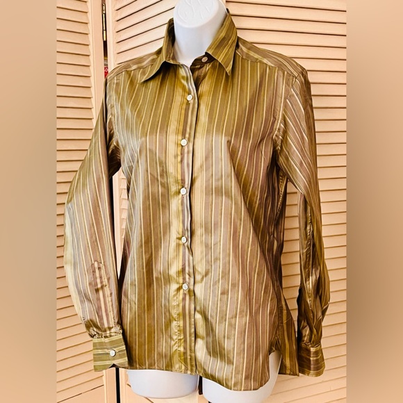 Silk striped shirt gold tones tailored lines long back vent button front yoked - Picture 1 of 5